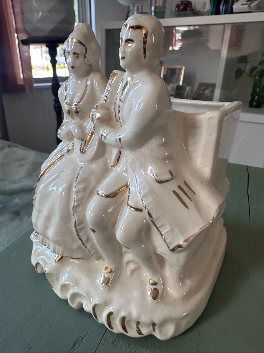 Vintage Ceramic Victorian-Couple Planter with Gold Accents